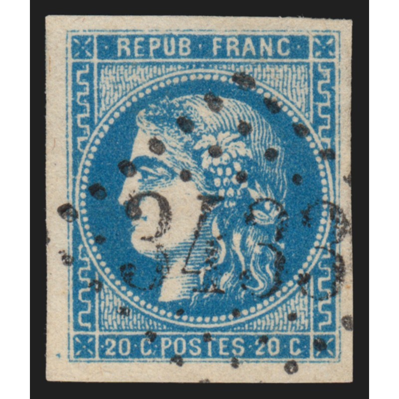 n°46B, Cérès Bordeaux, 20c bleu, oblitéré GC 3433 SOMMIERES Gard - SUPERBE