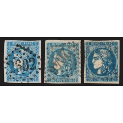 n°46B, en 3 nuances de couleurs, Cérès Bordeaux, 20c bleu, Type III - TB