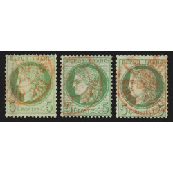 n°53, en 3 nuances et cachet rouge, Cérès, 5c vert-jaune, oblitérés - TB