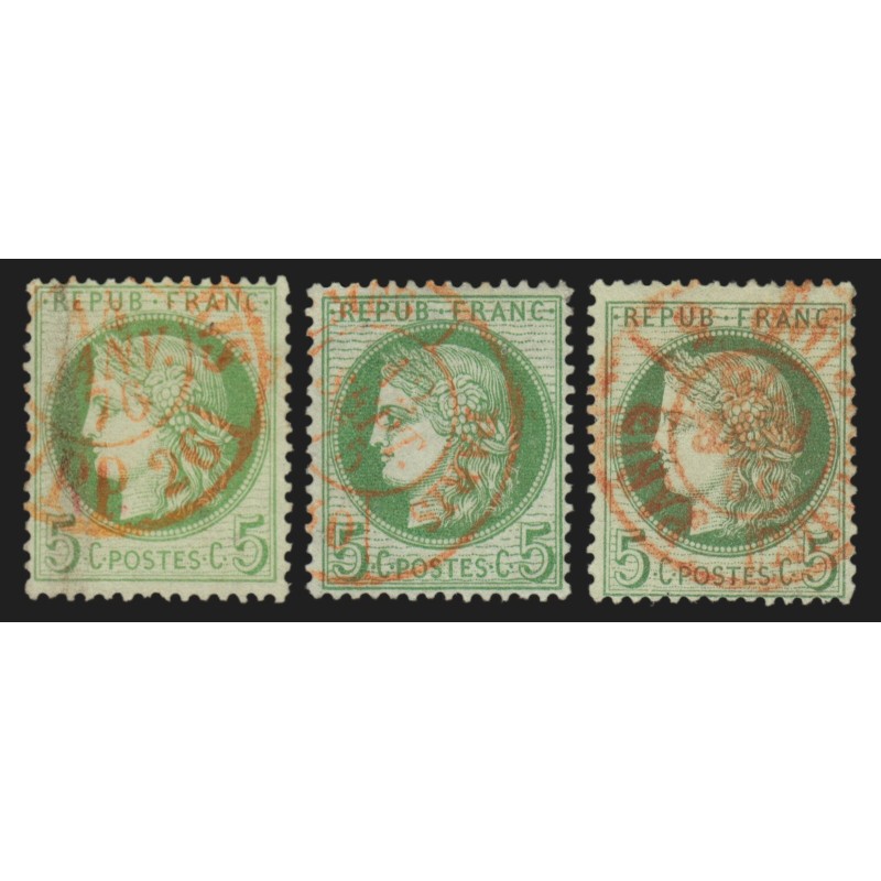 n°53, en 3 nuances et cachet rouge, Cérès, 5c vert-jaune, oblitérés - TB