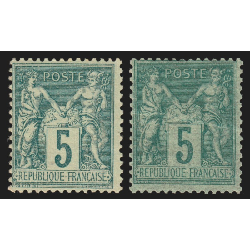 n°75, les 2 nuances, Sage 5c vert + vert-sur-verdâtre, neufs ** sans charnière n°75, les 2 nuances, Sage 5c vert + vert-sur-verdâtre, neufs ** sans charnière