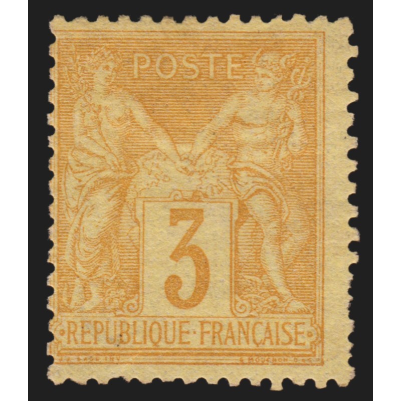 n°86, Sage 1878, 3c bistre-jaune, neuf * charnière forte, défauts, COTE 330€ n°86, Sage 1878, 3c bistre-jaune, neuf * charnière forte, défauts, COTE 330€