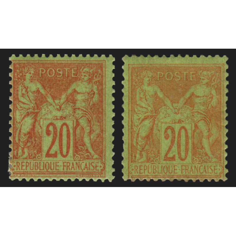 n°96 x2 nuances, Sage 20c brique sur vert, neuf * avec charnière - B/TB n°96 x2 nuances, Sage 20c brique sur vert, neuf * avec charnière - B/TB