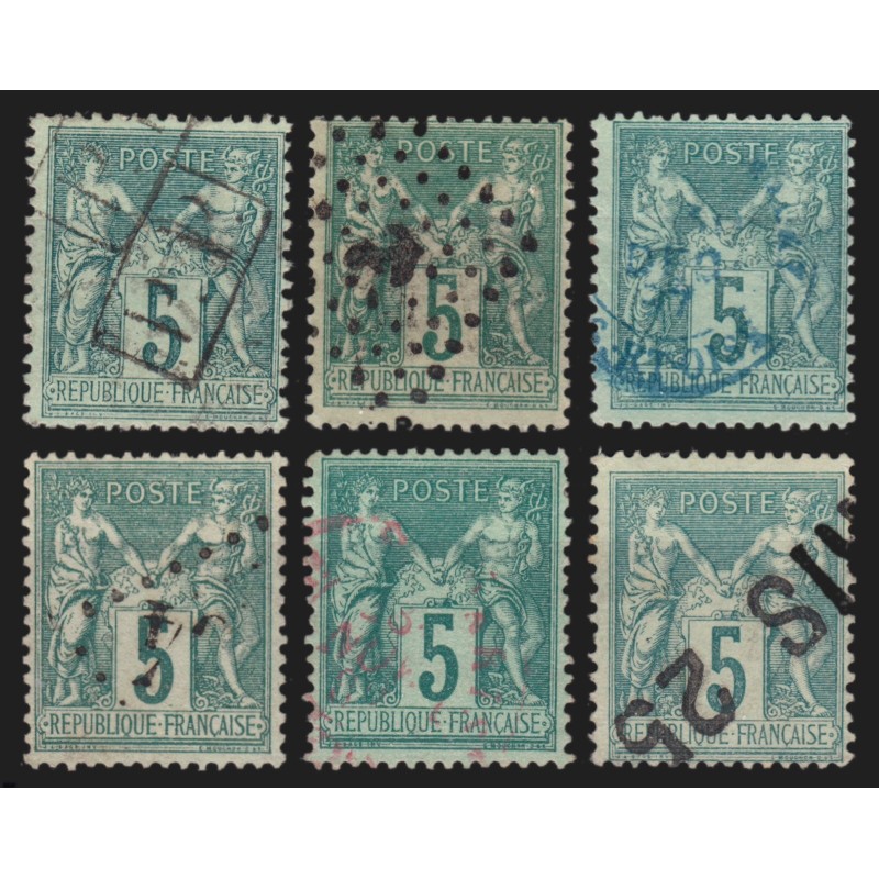 n°75, x6 oblitérations exotiques, Sage 5c vert - TB n°75, x6 oblitérations exotiques, Sage 5c vert - TB