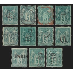 n°75, x11 oblitérations exotiques, Sage 5c vert - TB D'ASPECT