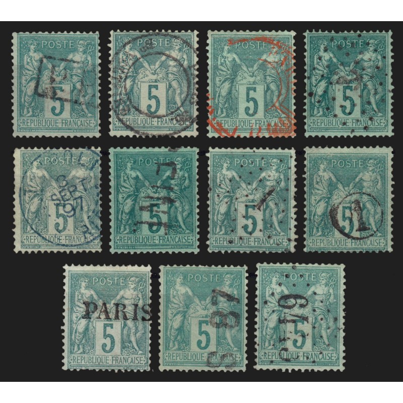 n°75, x11 oblitérations exotiques, Sage 5c vert - TB D'ASPECT n°75, x11 oblitérations exotiques, Sage 5c vert - TB D'ASPECT