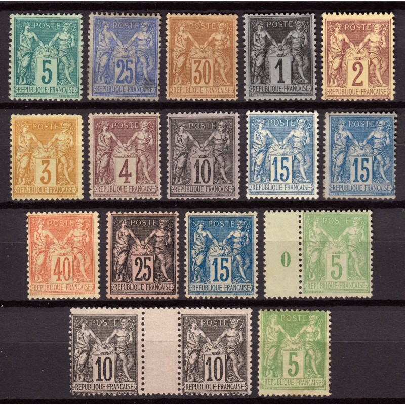 France 1876/1898, Sage, lot de 16 timbres neufs (*) sans gomme COTE 580€