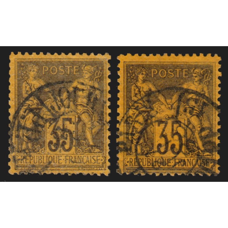 n°93/93a, les 2 nuances, Sage 35c violet-noir sur jaune + orange - TB D'ASPECT n°93/93a, les 2 nuances, Sage 35c violet-noir sur jaune + orange - TB D'ASPECT