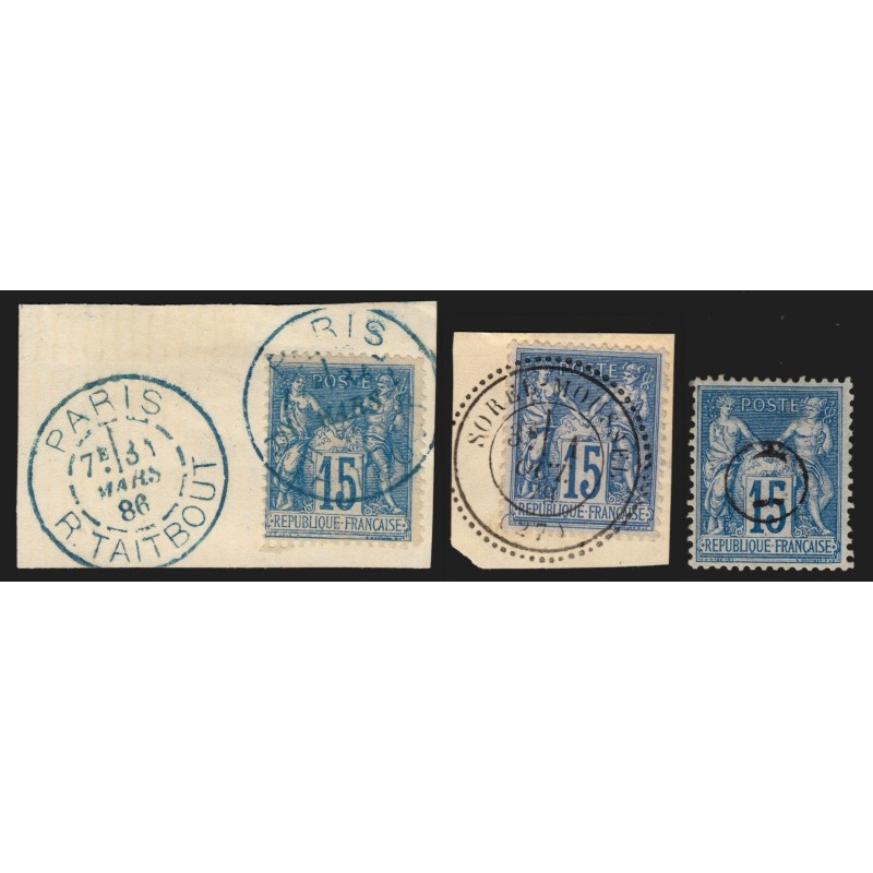 n°90, Sage 15c bleu, lot de 3 oblitérations : càd bleu, perlé, OR - TB n°90, Sage 15c bleu, lot de 3 oblitérations : càd bleu, perlé, OR - TB
