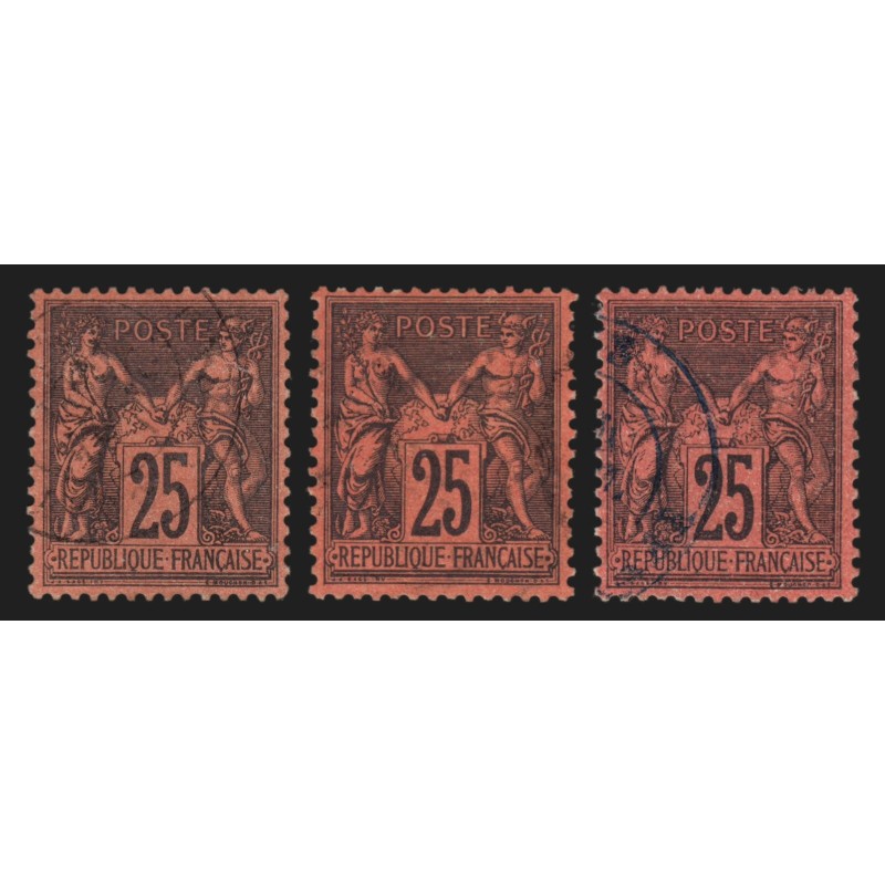 n°91, en 3 nuances, Sage 25c noir sur rouge, oblitérés - TB n°91, en 3 nuances, Sage 25c noir sur rouge, oblitérés - TB