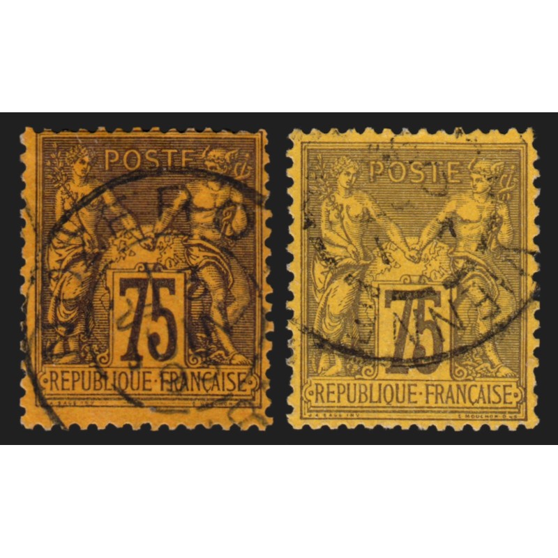 n°99/99a, Sage 75c violet sur orange + sur jaune, oblitérés - TB D'ASPECT n°99/99a, Sage 75c violet sur orange + sur jaune, oblitérés - TB D'ASPECT