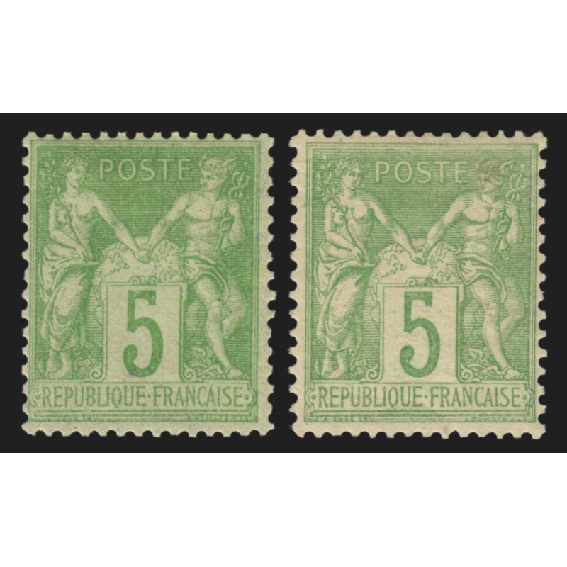 n°102/102a, les 2 nuances, Sage 5c vert-jaune (N sous B), neufs * - TB D'ASPECT n°102/102a, les 2 nuances, Sage 5c vert-jaune (N sous B), neufs * - TB D'ASPECT