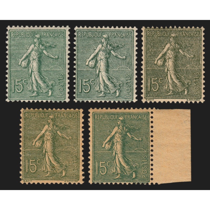 n°130, en 5 nuances, Semeuse lignée, 15c vert-gris, neufs ** sans charnière TB