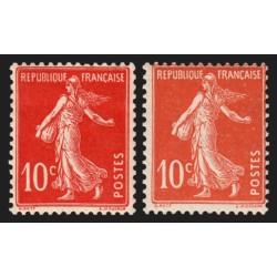 n°138c, Semeuse 1907, 10c ÉCARLATE + normal, neufs * avec trace de ch. - TB