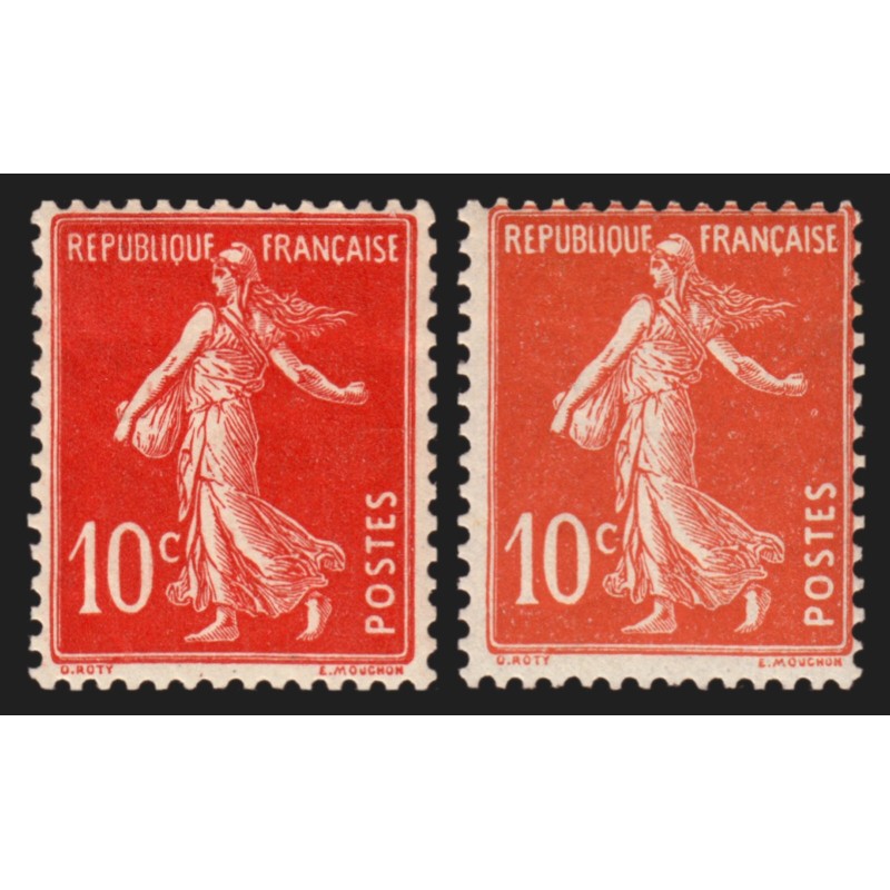 n°138c, Semeuse 1907, 10c ÉCARLATE + normal, neufs * avec trace de ch. - TB n°138c, Semeuse 1907, 10c ÉCARLATE + normal, neufs * avec trace de ch. - TB