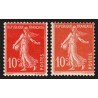 n°138c, Semeuse 1907, 10c ÉCARLATE + normal, neufs * avec trace de ch. - TB