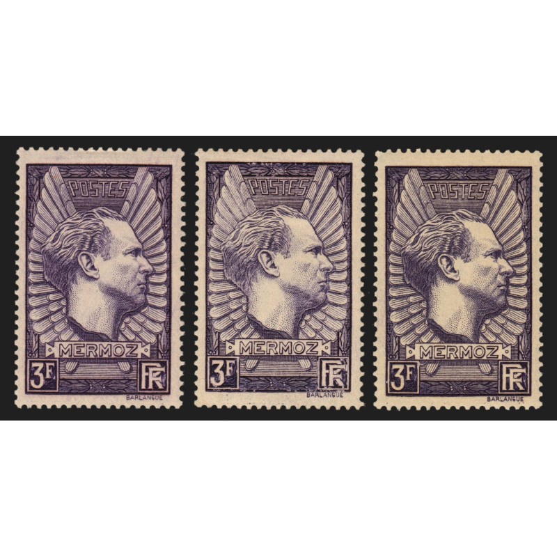 n°338/338a/338b, Jean Mermoz, les 3 nuances, neufs * avec charnière - TB