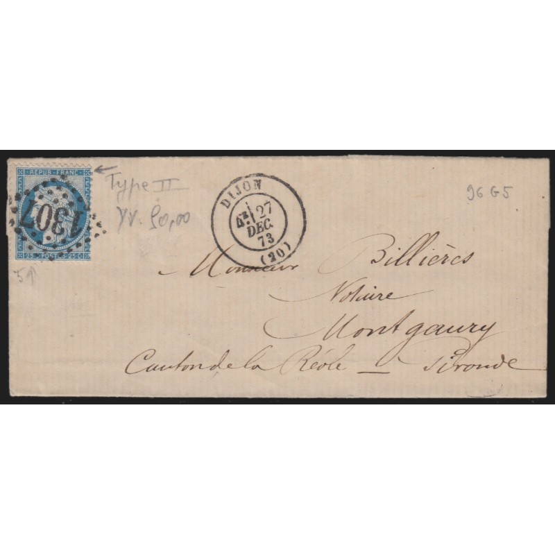 n°60B, Cérès 25c bleu, Type II, oblitéré GC 1307 Dijon sur lettre Montgaury TB