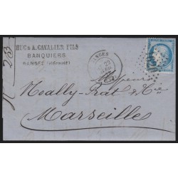 n°60B, Cérès 25c bleu, Type II, oblitéré GC 1620 GANGES sur lettre - TB
