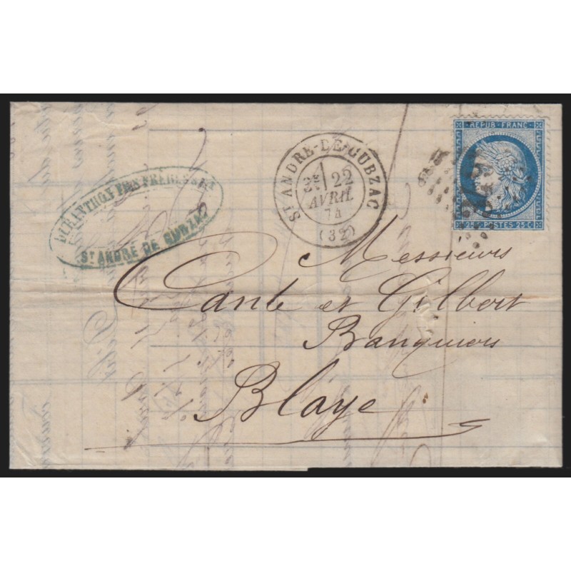 n°60B, Cérès 25c bleu, Type II, oblitéré GC 3498 SAINT-ANDRE-DE-CUBZAC - TB n°60B, Cérès 25c bleu, Type II, oblitéré GC 3498 SAINT-ANDRE-DE-CUBZAC - TB
