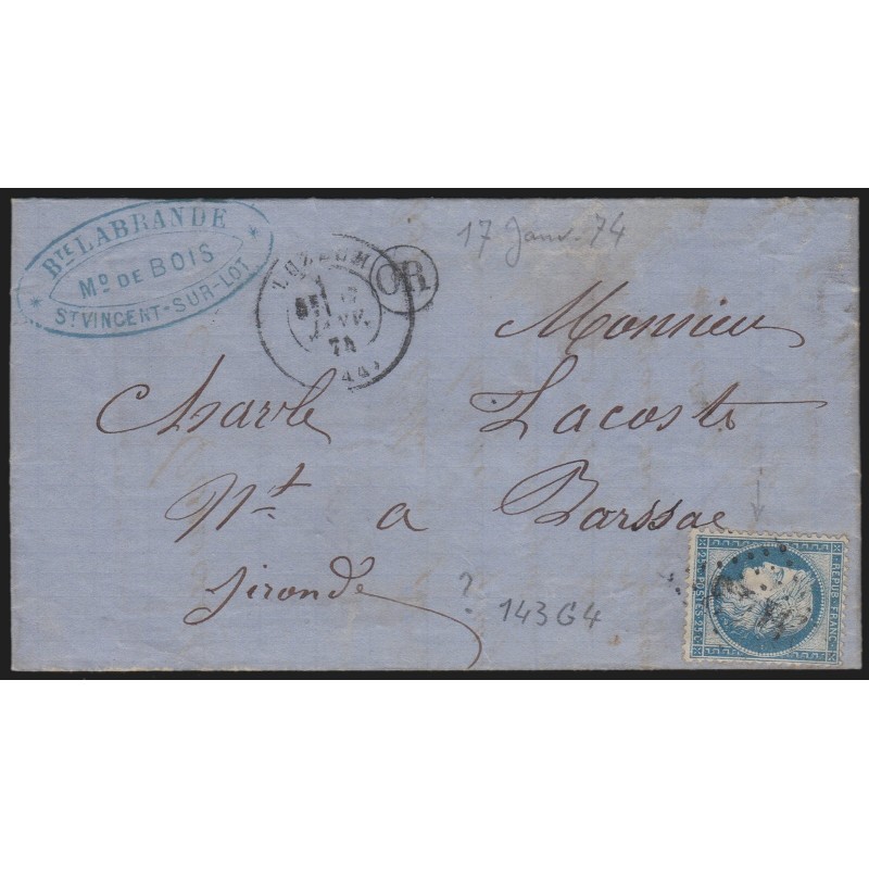 n°60B, Cérès 25c bleu, Type II, oblitéré GC 2143 LUZECH + cachet OR sur lettre