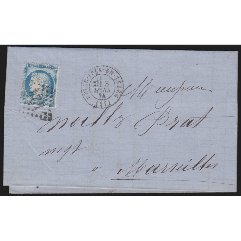 n°60B, Cérès 25c bleu, Type II, oblitéré GC 424 BELLE-ISLE-EN-TERRE sur lettre