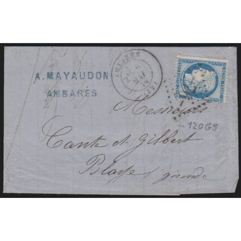 n°60B, Cérès 25c bleu, Type II, oblitéré GC 76 AMBARES sur lettre - TB n°60B, Cérès 25c bleu, Type II, oblitéré GC 76 AMBARES sur lettre - TB
