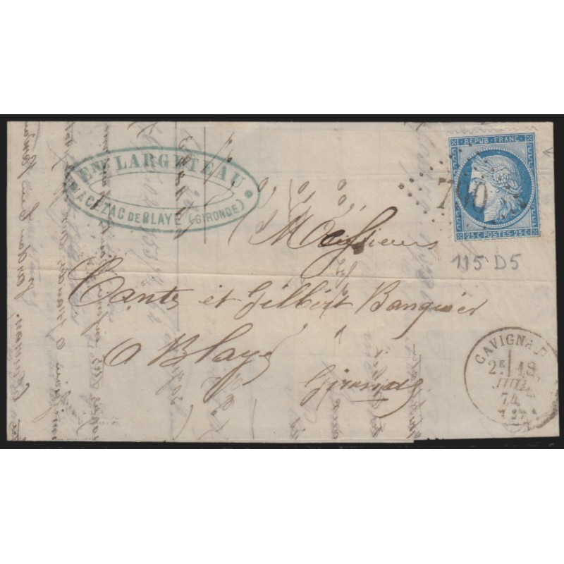 n°60B, Cérès 25c bleu, Type II, oblitéré GC 790 CAVIGNAC sur lettre - TB n°60B, Cérès 25c bleu, Type II, oblitéré GC 790 CAVIGNAC sur lettre - TB