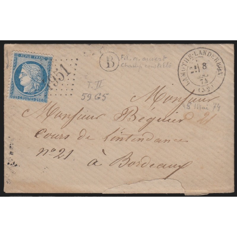 n°60B, Cérès 25c bleu, Type II, oblitéré GC 4951 LAMOTHE-LANDERON + cerclé B