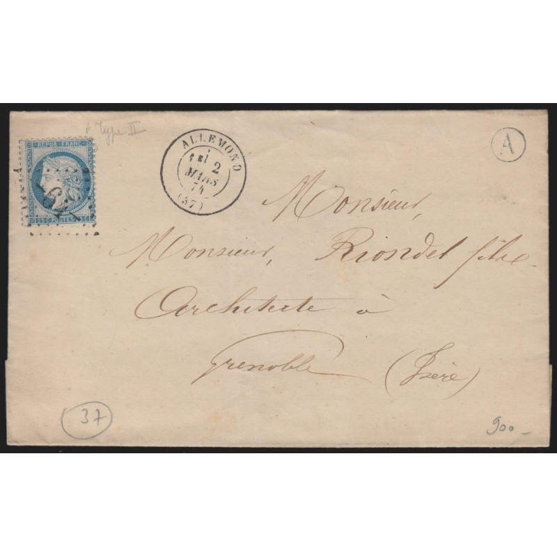 n°60B, Cérès 25c bleu, Type II, oblitéré GC 64 ALLEMOND + A cerclé, sur lettre