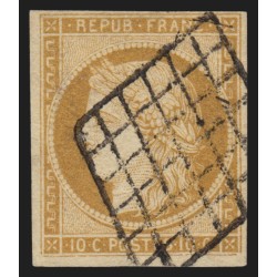 n°1, Cérès 10c bistre-jaune, oblitéré grille, signé JF.BRUN - TB
