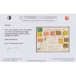 n°75 + 81 (x3) + 82 + 94 + 97, sur lettre en Valeur Déclarée 1889 - Certificat