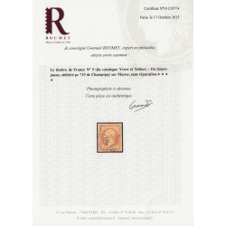 n°9, Présidence 10c bistre, obl PC 719 CHAMPIGNY-SUR-MARNE - Certificat ROUMET