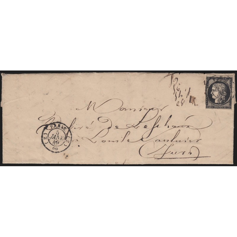 n°3, Cérès 20c noir, oblitéré PARIS (E) du 5 JANVIER 1849 pour Lons-le-Saunier