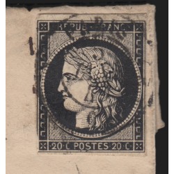 n°3, Cérès 20c noir, oblitéré PARIS (E) du 5 JANVIER 1849 pour Lons-le-Saunier