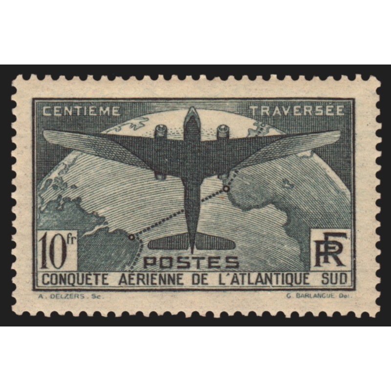 n°321, Atlantique-Sud 1936, 10fr vert-foncé, neuf * légère trace de ch. - TB