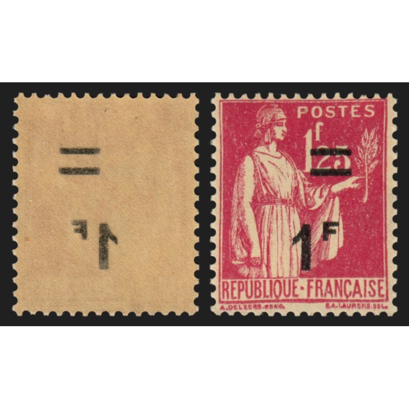 n°483, variété "surcharge recto-verso", 1fr sur 1fr25 rose, neuf ** - SUPERBE