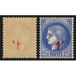 n°487, variété "surcharge recto-verso", 1fr sur 2fr25 outremer, neuf ** - SUP