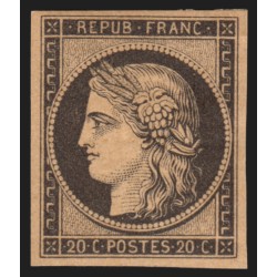 n°3f, réimpression de 1862, Cérès 20c noir sur jaune, neuf * avec charnière TB
