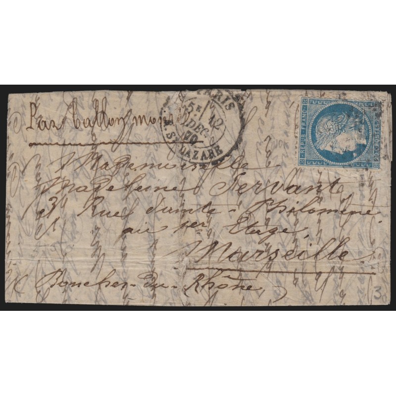 Ballon monté "La Ville de Paris", 12/DEC./1870 pour Marseille - TB - Certificat