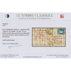 Ballon monté "La Ville de Paris", 12/DEC./1870 pour Marseille - TB - Certificat