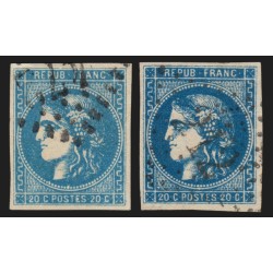 n°46B/46Ba, les 2 nuances, Cérès Bordeaux, 20c bleu, Type III Report 2 - TB