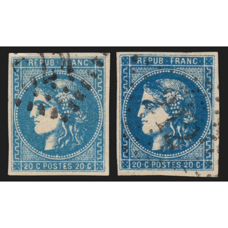 n°46B/46Ba, les 2 nuances, Cérès Bordeaux, 20c bleu, Type III Report 2 - TB