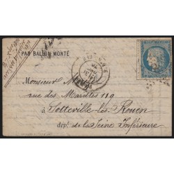 Ballon monté "Le Newton" 31/DEC./1870 pour Rouen Zone occupée - Certificat