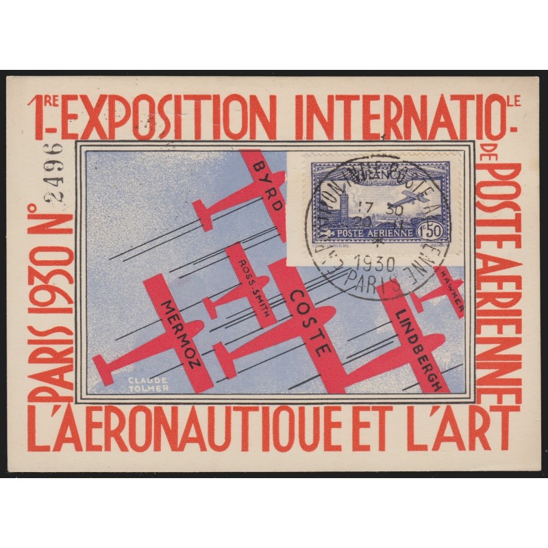 Poste Aérienne n°6, oblitéré Expo Paris 20/11/1930 carte-postale numérotée