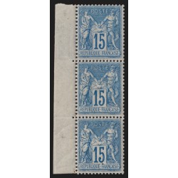 n°90, bande de trois, bord de feuille, Sage 15c bleu, neufs */** - TB