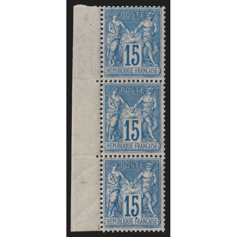 n°90, bande de trois, bord de feuille, Sage 15c bleu, neufs */** - TB