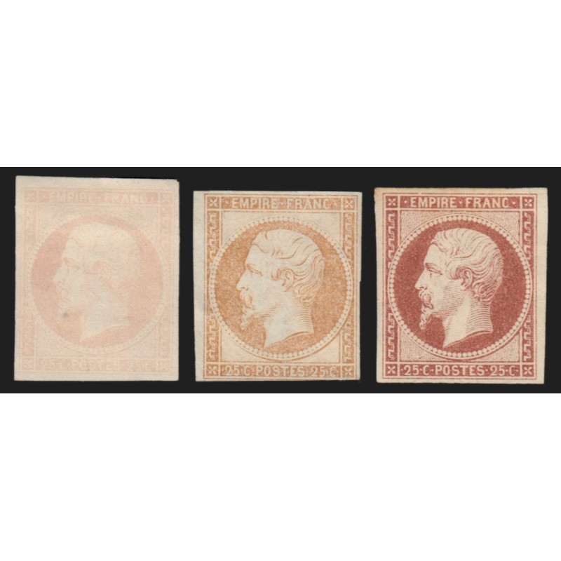 n°15, Napoléon 25 centimes, essais de couleurs, bistre, brun-carmin, neufs (*)