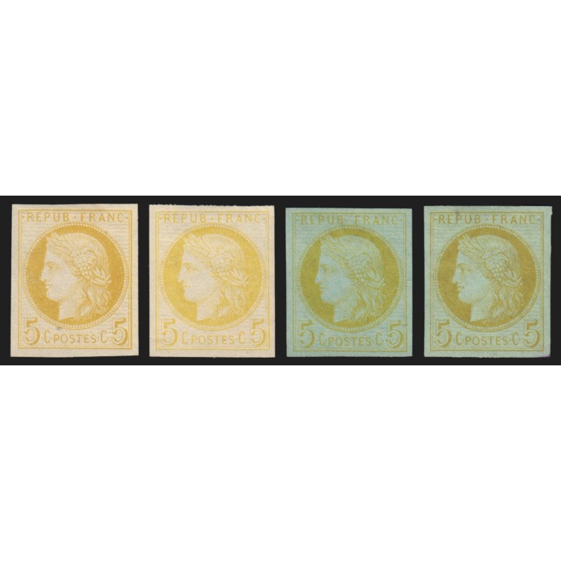 n°53, Cérès 1872, essais 5c jaune en quatre nuances, neufs (*) sans gomme - TB