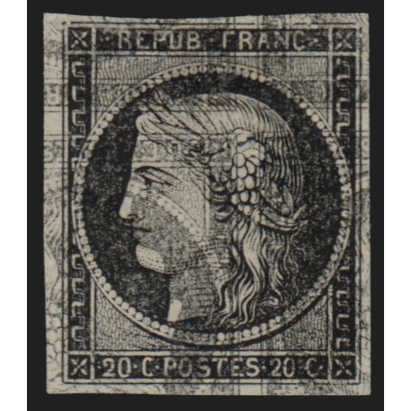 n°3, Cérès 1849, 20c noir, essai, double impression à cheval et inversée, neuf